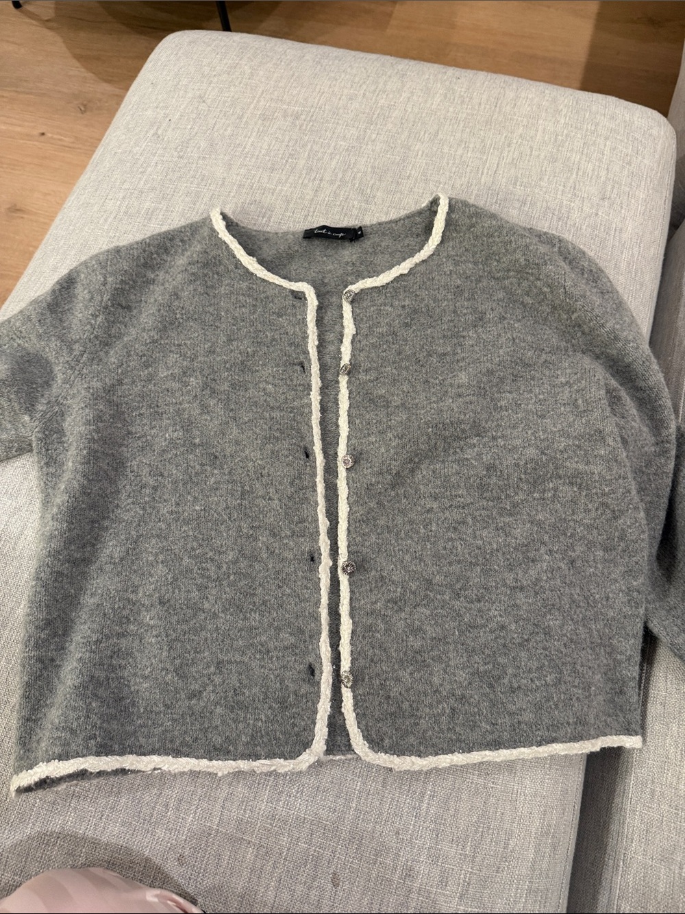 Gray Crewneck Cardigan with Cream Trim - Women Sweater